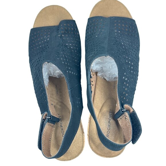 Rockport Briah Perforated Black Wedge Sandal Size 9M Comfortable Cork Heel - Picture 7 of 10